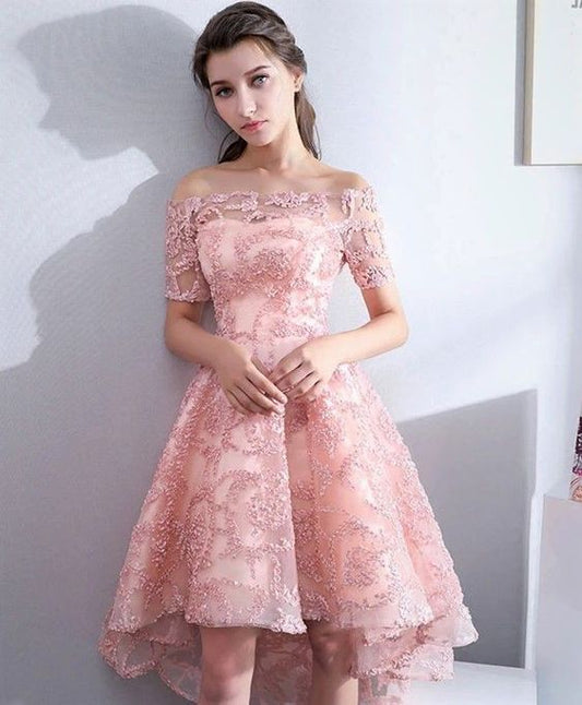 High Low Pink Lace Homecoming Dress Off The Shoulder Short Prom Dress      fg5026