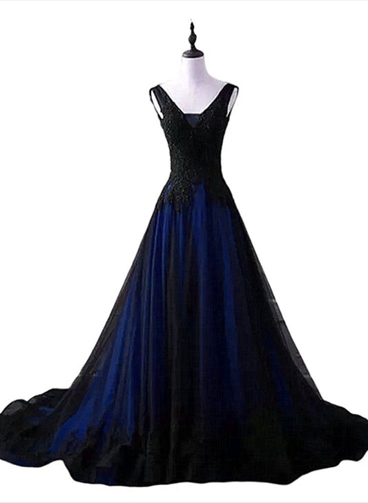 Black and Blue V-neckline Lace Applique Long Formal Dress, Black and Blue Prom Dress      fg5072