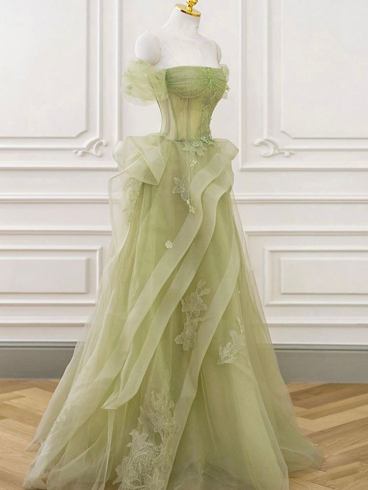 A-Line Off Shoulder Tulle Lace Green Long Prom Dress, Green Lace Long Formal Dress     fg4818