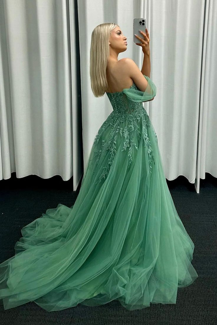 A-Line Tulle Lace Long Prom Dress, Green Off the Shoulder Evening Party Dress     fg5008