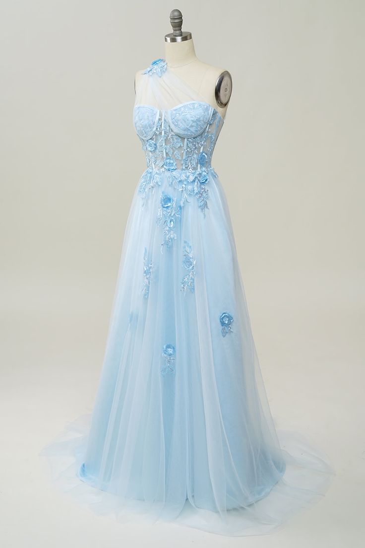 A Line One Shoulder Sky Blue Long Prom Dress with Appliques        fg4713