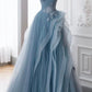 Gray Blue Tulle Lace Long Prom Dress, Gray Blue Formal Dress      fg4937