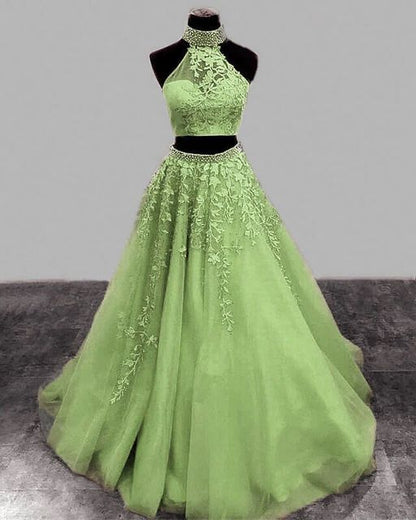 Sage Green Prom Dresses Two Piece Lace Embroidery Beaded Halter Formal Dress     fg4541