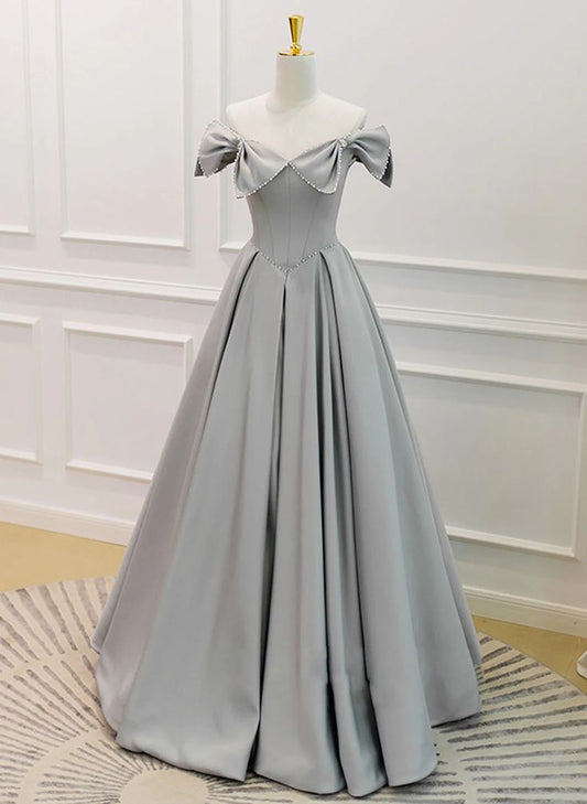 Grey Satin Beaded Long Party Dress with Bow, Grey A-line Prom Dress       fg5362