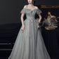 gray tulle off shoulder long prom dress, gray tulle formal dress    fg4459