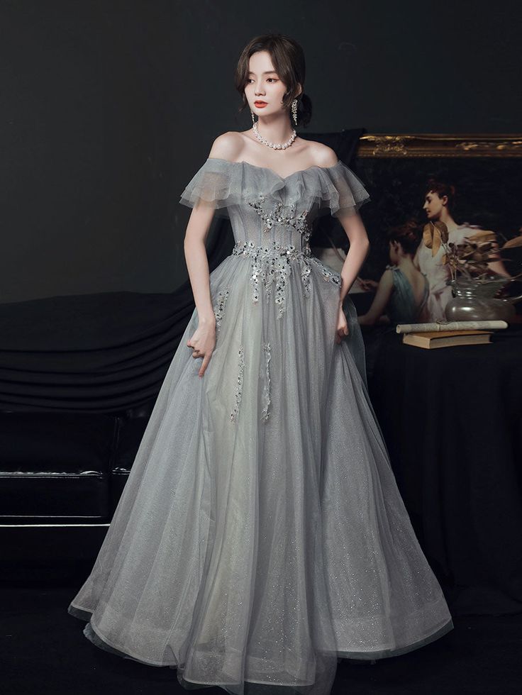 gray tulle off shoulder long prom dress, gray tulle formal dress    fg4459