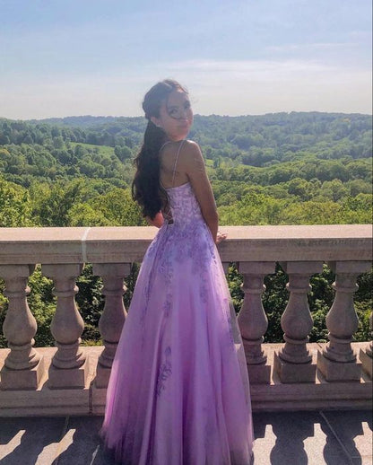 Lavender Lace Appliques A-line Long Prom Dress      fg4795