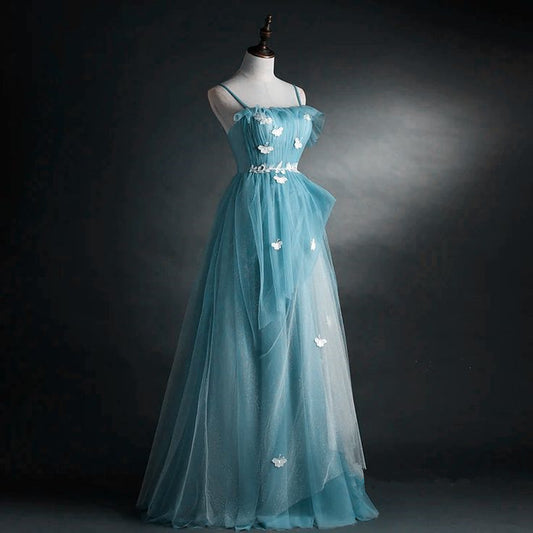 A-Line Blue Tulle Straps Long Formal Dress, Blue Long Evening Dress Prom Dress      fg4877