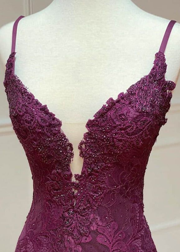 mermaid/trumpet spaghetti straps grape lace beaded long prom dress formal evening dress       fg4801