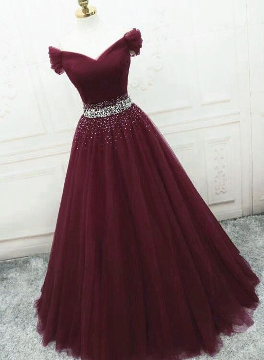 Burgundy Sequins Tulle Fashionable Tulle Long Party Dress, Off Shoulder Formal Dress      fg4652