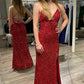 Burgundy Sequins V Neck Backless Mermaid Long Prom Dress with High Slit,Sequin Formal Graduation Evening Dresses       fg4759