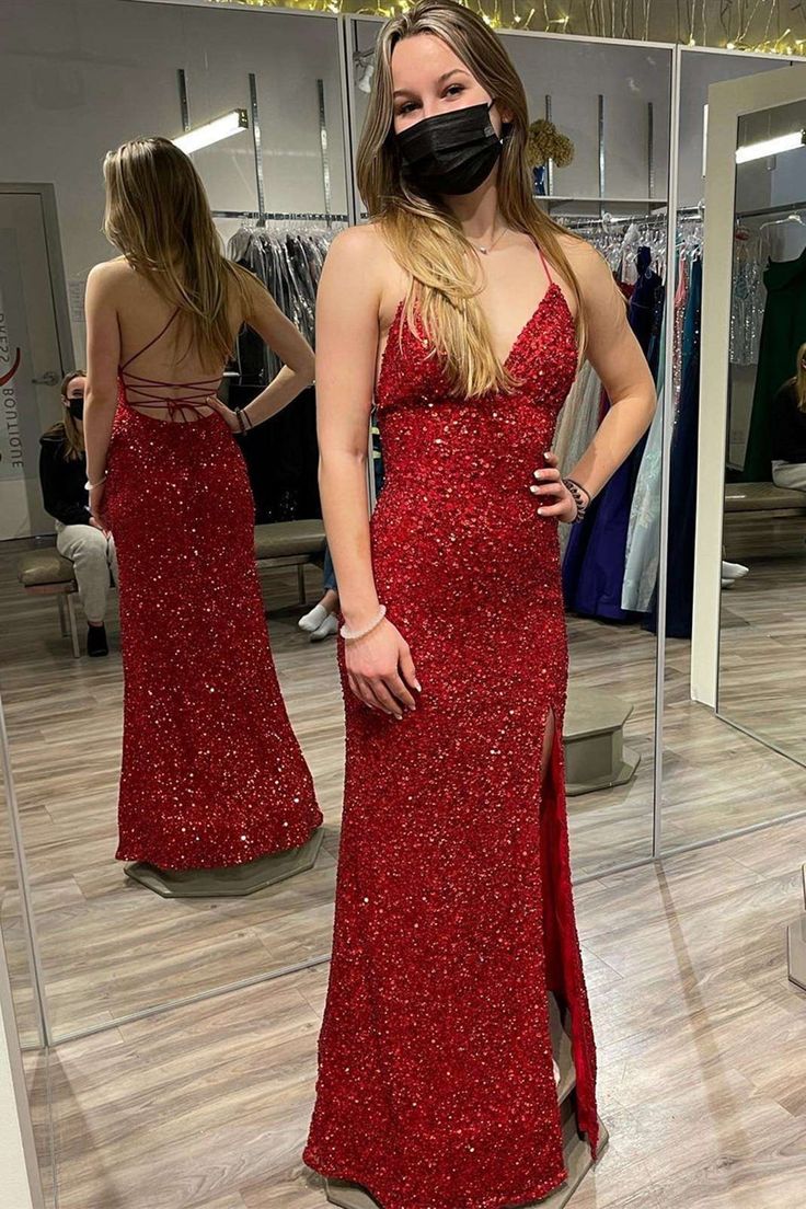 Burgundy Sequins V Neck Backless Mermaid Long Prom Dress with High Slit,Sequin Formal Graduation Evening Dresses       fg4759