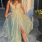 Green V-neck Lace Long Prom Dress, A-Line Evening Dress with Slit     fg4833