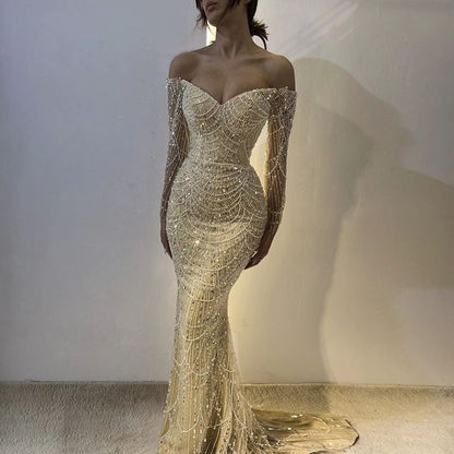 Luxury Dubai Evening Birthday Dress 2024 Beads Sequins Off-The-Shoulder Long Sleeves Mermaid Sweep Train Formal Prom Gowns   fg4572