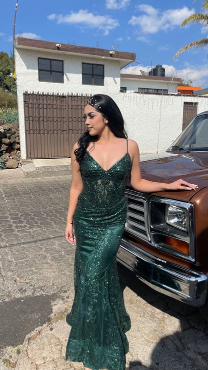 Spaghetti Straps Green Prom Dresses Mermaid Long Formal Dresses      fg5278