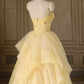 A Line Spaghetti Straps Layered Yellow Long Prom Dresses, Yellow Tulle Formal Evening Dresses, Ball Gown      fg5006