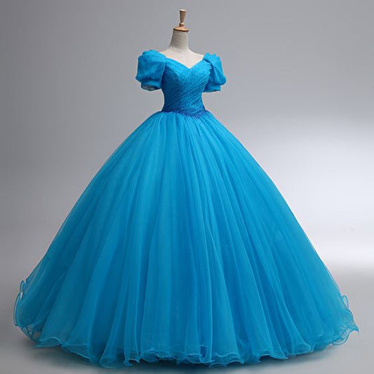 Beautiful Blue Rhinestone Floor Length Prom Dress, A-Line Short Sleeve Evening Dress       fg4884