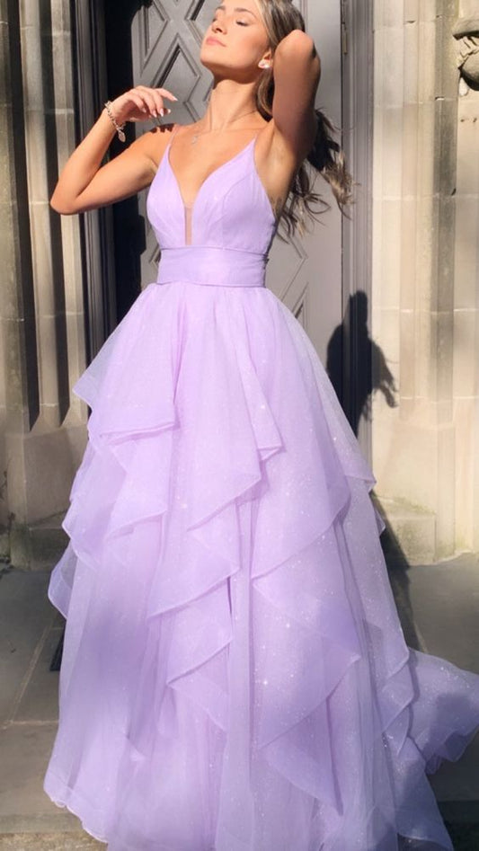 Purple V-Neck Tulle Long Prom Dresses, A-Line Party Evening Dresses      fg4765