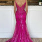 Glitter Magenta Appliques V-Neck Mermaid Long Prom Dress       fg4813