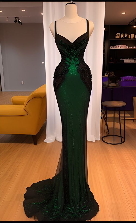 Sexy Mermaid Sequin Long Dark Green Lace Prom Dress Formal Dress       fg5117