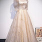 Champagne Tulle Sequins Long Prom Dress, Cute 1/2 Sleeve Party Dress      fg5450