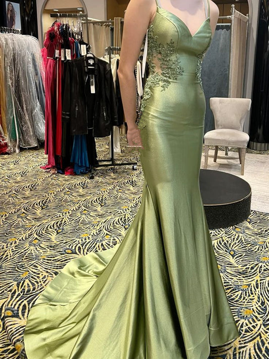 Spaghetti Straps V Neck Green Mermaid Long Prom Dress With Applique        fg5302