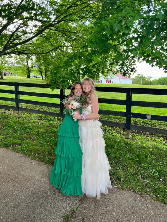 Green Strapless Ruffle Multi-Layer Long Prom Dress     fg4768