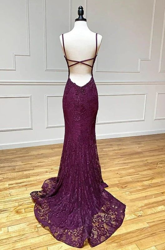 mermaid/trumpet spaghetti straps grape lace beaded long prom dress formal evening dress       fg4801