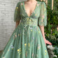 green v neck tulle lace long prom dress, green tulle formal dress     fg4477