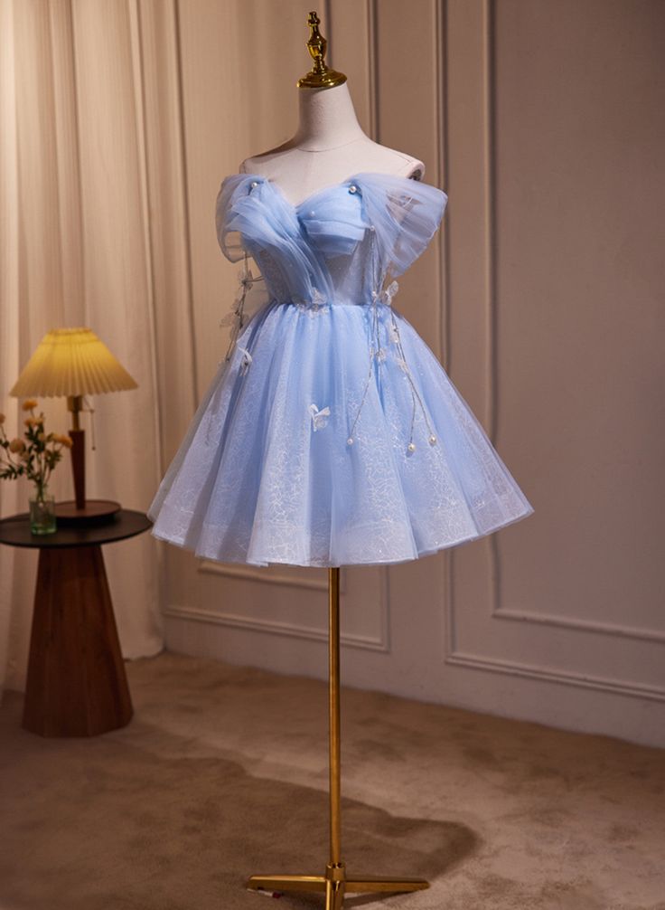 A-line Blue Short Off Shoulder Knee Length Homecoming Dress, Blue Short Prom Dress      fg5023