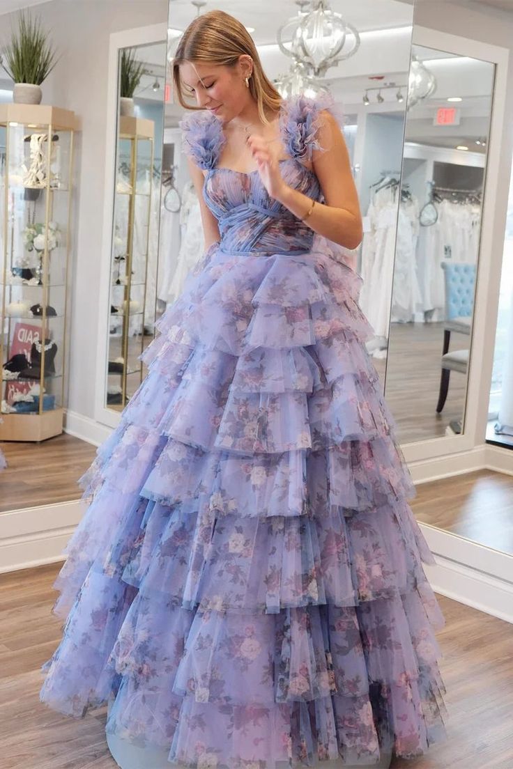 Print Flutter Sleeve Ruffle Tiered Long Prom Dress     fg4607