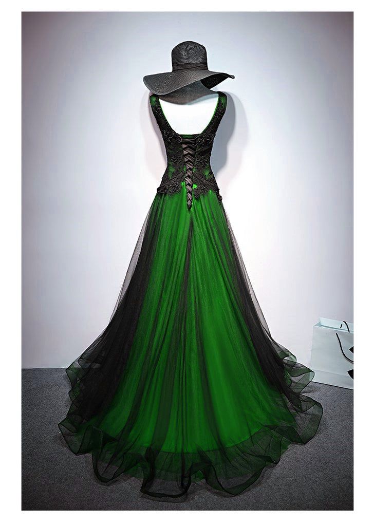 Chaming Black and Green Tulle V-neckline Long Party Dress, V-neckline Prom Dresses     fg5089