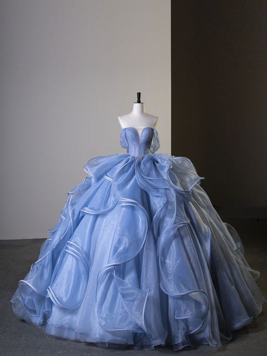 Fashion Sky Blue Ruffle Prom Dresses Ball Gown Sleeveless Prom Formal Dresses      fg4883