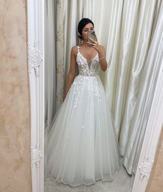 Unique v neck tulle lace long prom dress, tulle lace wedding dress      fg4707