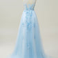 A Line One Shoulder Sky Blue Long Prom Dress with Appliques        fg4713