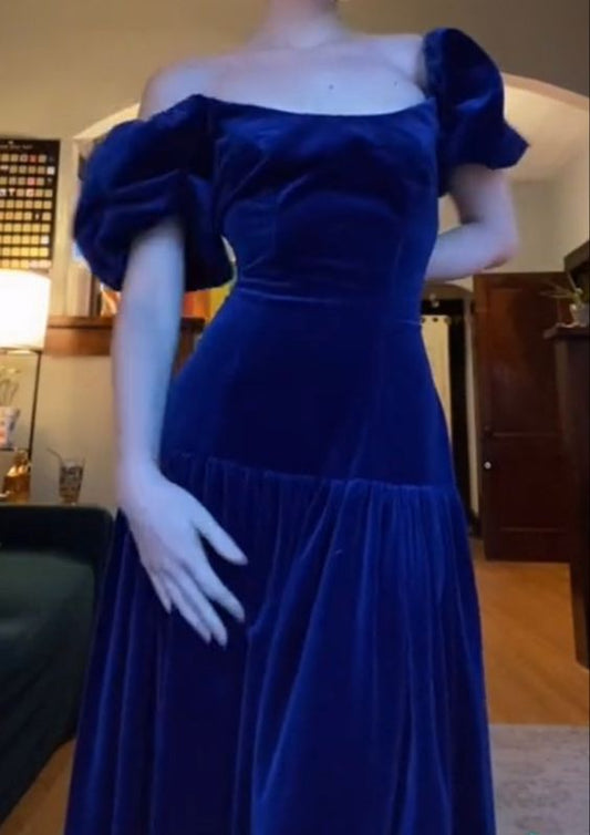 Vintage Blue Prom Dresses Elegant Dress Velvet Prom Gown     fg4618
