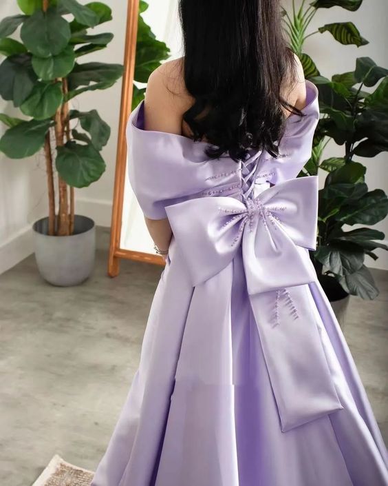 Lilac Pearls Evening Birthday Dress 2024 Off-The-Shoulder Mermaid Sweep Train Bow Satin Formal Prom Gowns       fg4285