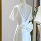 White Satin Short Sleeve Short Wedding Dress      fg4074