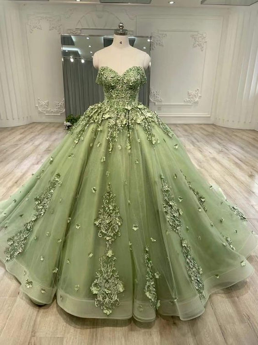 Green A Line Tulle Ball Gown Prom Dresses, Evening Gowns        fg3991