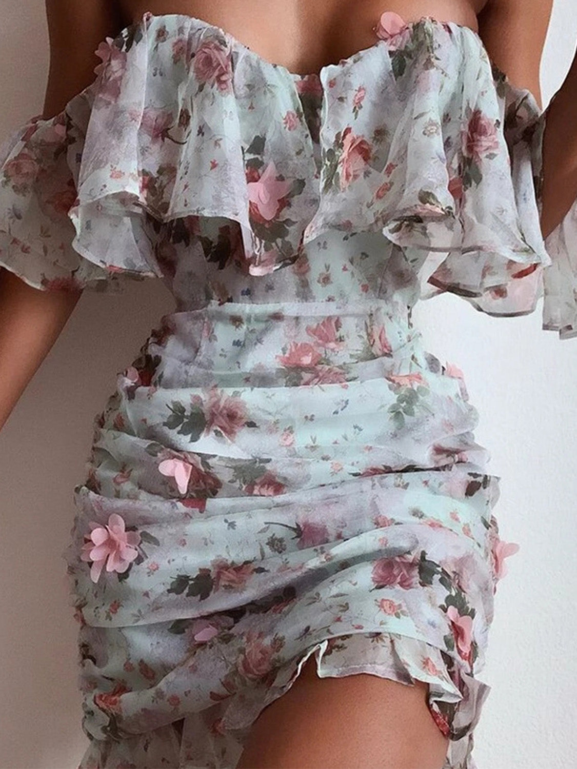 Floral Print Ruched Chiffon Women Dress Ruffle off Shoulder Elegant Sexy Party Short Prom Dress     fg3560