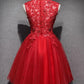 High Neck Red Lace Short Prom Dress, Red Lace Homecoming Dress, Red Formal Graduation Evening Dress     fg3826