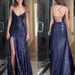 Womens Navy Sequined Slitted Spaghetti Strap V Neck Full-Length Formal Gown Dress    fg3985