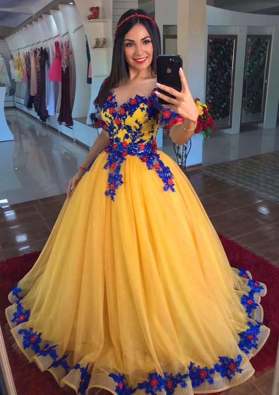 Evening Dresses Yellow Sequins Prom Lace 3d Flower Evening Gowns Short Sleeve Princess Formal Women Dress       fg4105