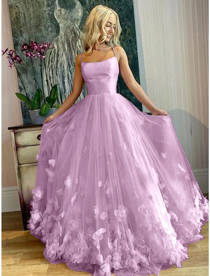 A-Line Prom Dresses Floral Dress Performance Sweet 16 Floor Length Sleeveless Spaghetti Strap Tulle with Pleats Appliques     fg4062