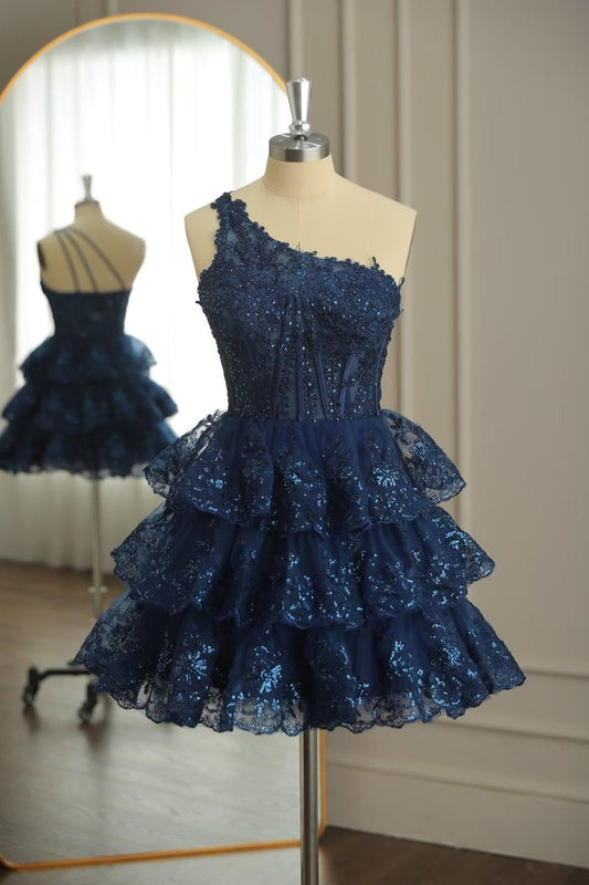 Dark Navy One Shoulder Appliques Multi-Layers Tulle Homecoming Dress    fg4307