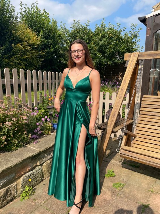 Green Satin Long Prom Dress with Slit       fg4198