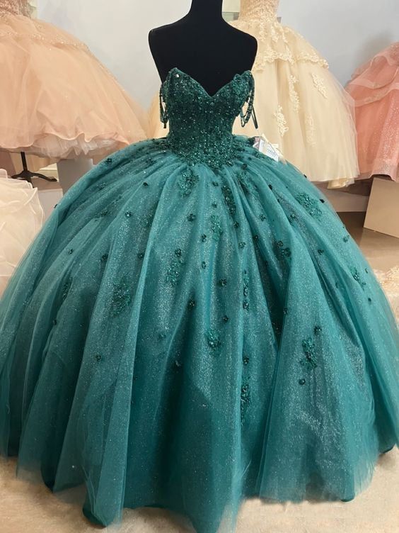 Ball Gown Beaded Quinceanera Dress Spaghetti Straps Emerald Green Quince Dress      fg4214