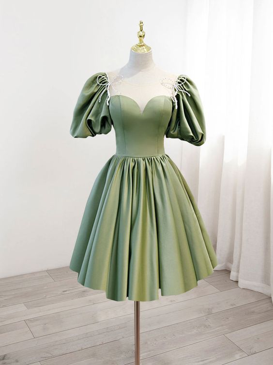 A-Line Green Puffy Sleeve Satin Short Prom Dress, Green Short Formal Dress     fg3728