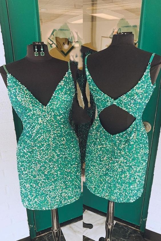 Green Sequin Spaghetti Straps Bodycon Mini Dress Homecoming Dress   fg3679