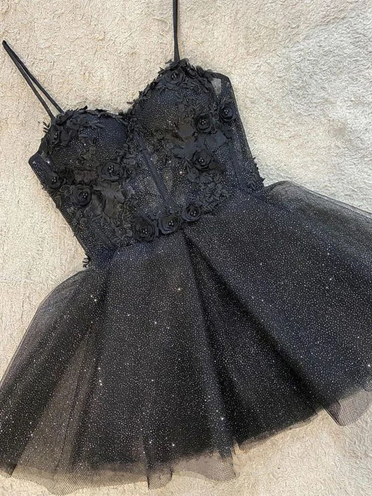 Black Tulle With Lace Short Prom Dress Homecoming Dress, Shiny Tulle Party Dress       fg3905